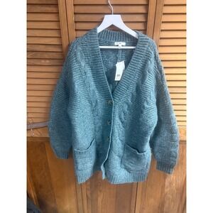 BP Nordstrom Teal Blue Cable Knit Oversized Button Front Cardigan Sweater NEW